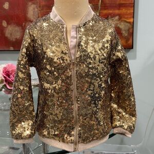 VGUC Girls Size 3 - 4 H&M Gold Sequin Zipper Bomber Jacket Sparkle Glitter